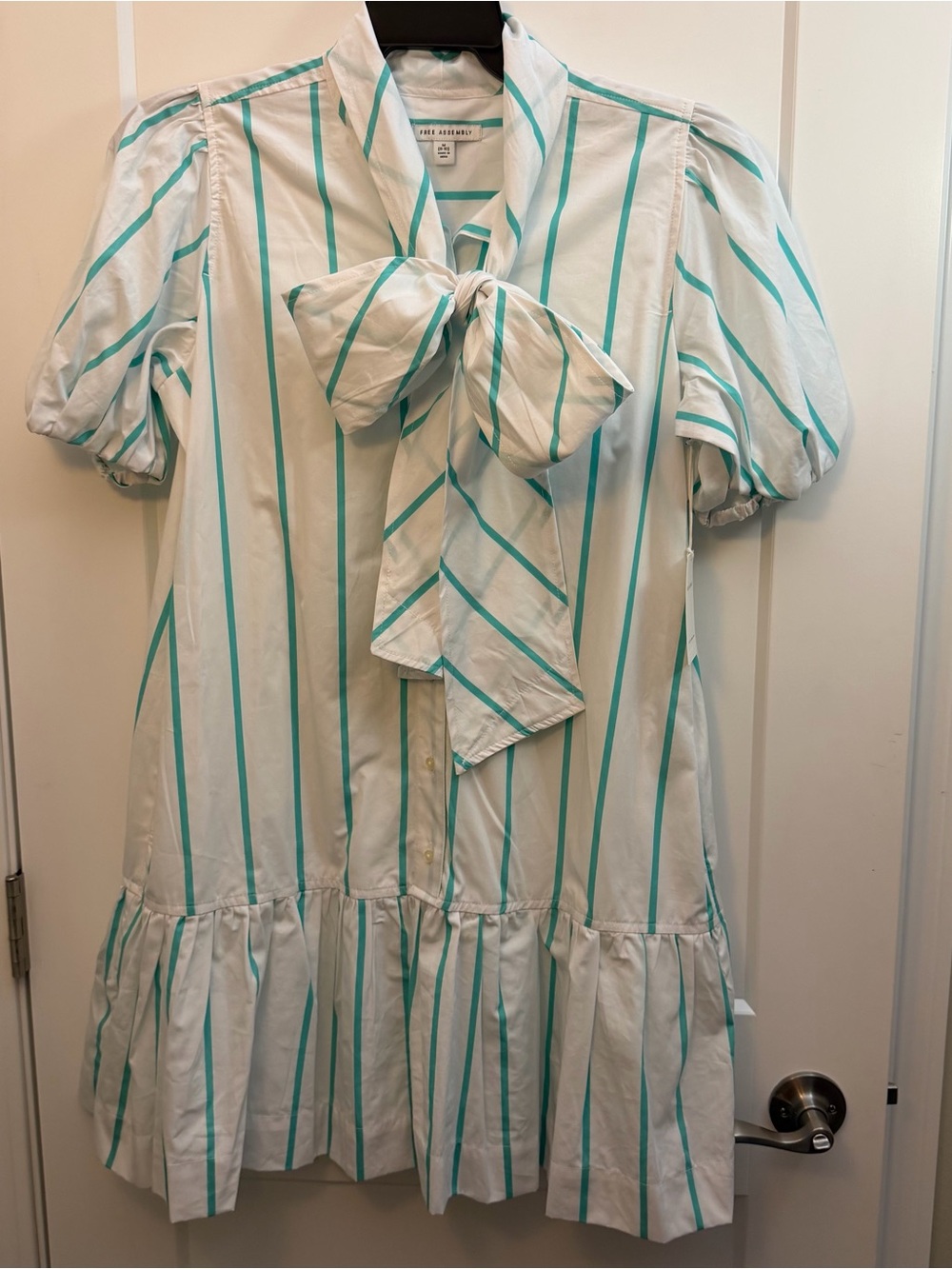 Striped Bow Tie Ruffle Hem mini Dress - White & Teal